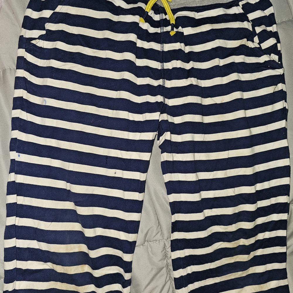 Navy and White Striped Pants with Yellow Drawstring